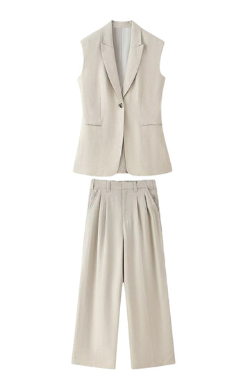 Kahki 2 Piece Peak Lapek Sleeveless Women Formal Suits